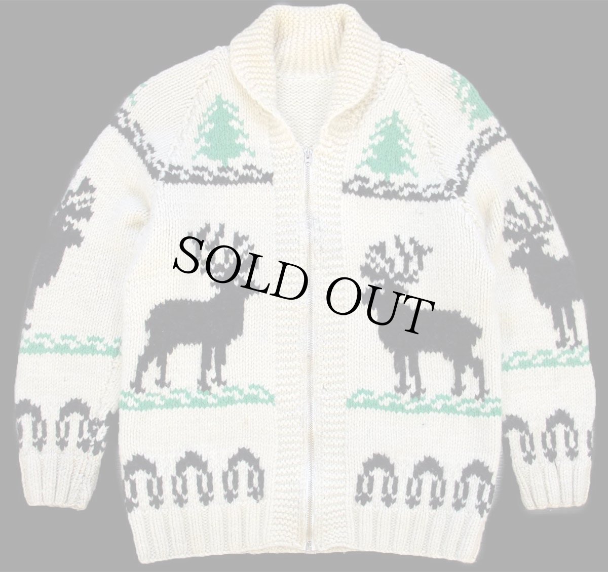 画像1: 60s ムース柄 ウール ハンドニット カウチンセーター ナチュラル★鹿柄 (1)