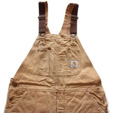画像1: 90s USA製 carharttカーハート キルティングライナー ダブルニー ダック地 オーバーオール ボロ 茶 W40 L32 (1)