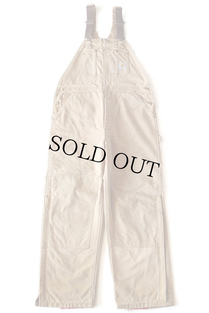 画像2: 90s USA製 carharttカーハート キルティングライナー ダブルニー ダック地 オーバーオール ボロ 茶 W40 L32 (2)