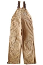 画像2: 90s USA製 carharttカーハート キルティングライナー ダブルニー ダック地 オーバーオール ボロ 茶 W40 L32 (2)