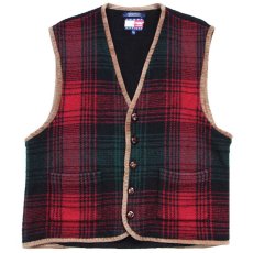 画像1: 90s TOMMY HILFIGERトミーヒルフィガー パチポケ タータンチェック 切り替え ウール×コットンニット ベスト L (1)