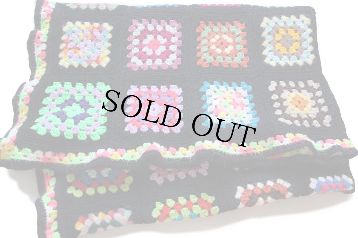 画像1: スクエア モチーフ ニット グラニー ブランケット 黒★F カギ編み (1)