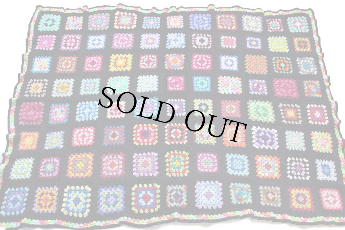 画像2: スクエア モチーフ ニット グラニー ブランケット 黒★F カギ編み (2)