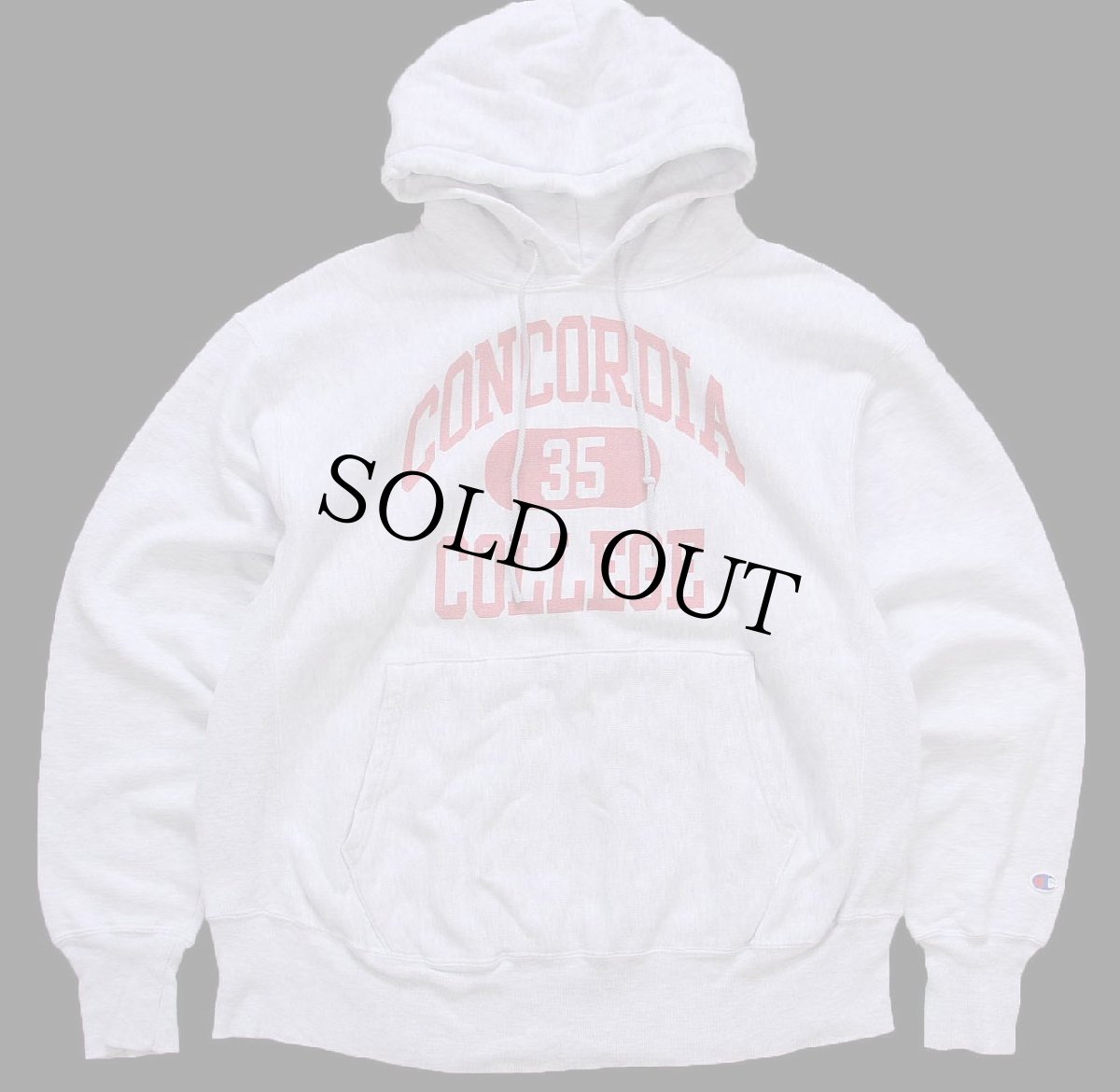 画像1: 00s Championチャンピオン CONCORDIA 35 COLLEGE 三段中抜き 染み込みプリント リバースウィーブ スウェットパーカー 杢ライトグレー L (1)