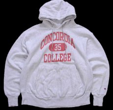 画像1: 00s Championチャンピオン CONCORDIA 35 COLLEGE 三段中抜き 染み込みプリント リバースウィーブ スウェットパーカー 杢ライトグレー L (1)
