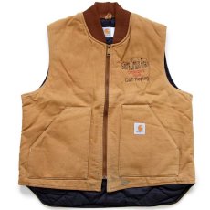 画像2: 90s USA製 carharttカーハート Sierra Circuit Finals Roo-hide SADDLERY カンガルー 刺繍 キルティングライナー ダックベスト 茶 XL (2)
