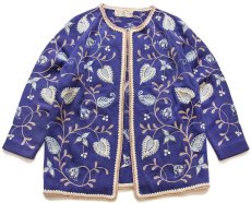 画像1: 60s オーストリア製 Merino ペイズリー フラワー ステッチ&チェーン刺繍 ノーカラー ウールニット カーディガン 青紫 36 (1)