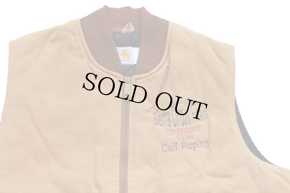 画像3: 90s USA製 carharttカーハート Sierra Circuit Finals Roo-hide SADDLERY カンガルー 刺繍 キルティングライナー ダックベスト 茶 XL (3)