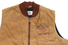 画像3: 90s USA製 carharttカーハート Sierra Circuit Finals Roo-hide SADDLERY カンガルー 刺繍 キルティングライナー ダックベスト 茶 XL (3)