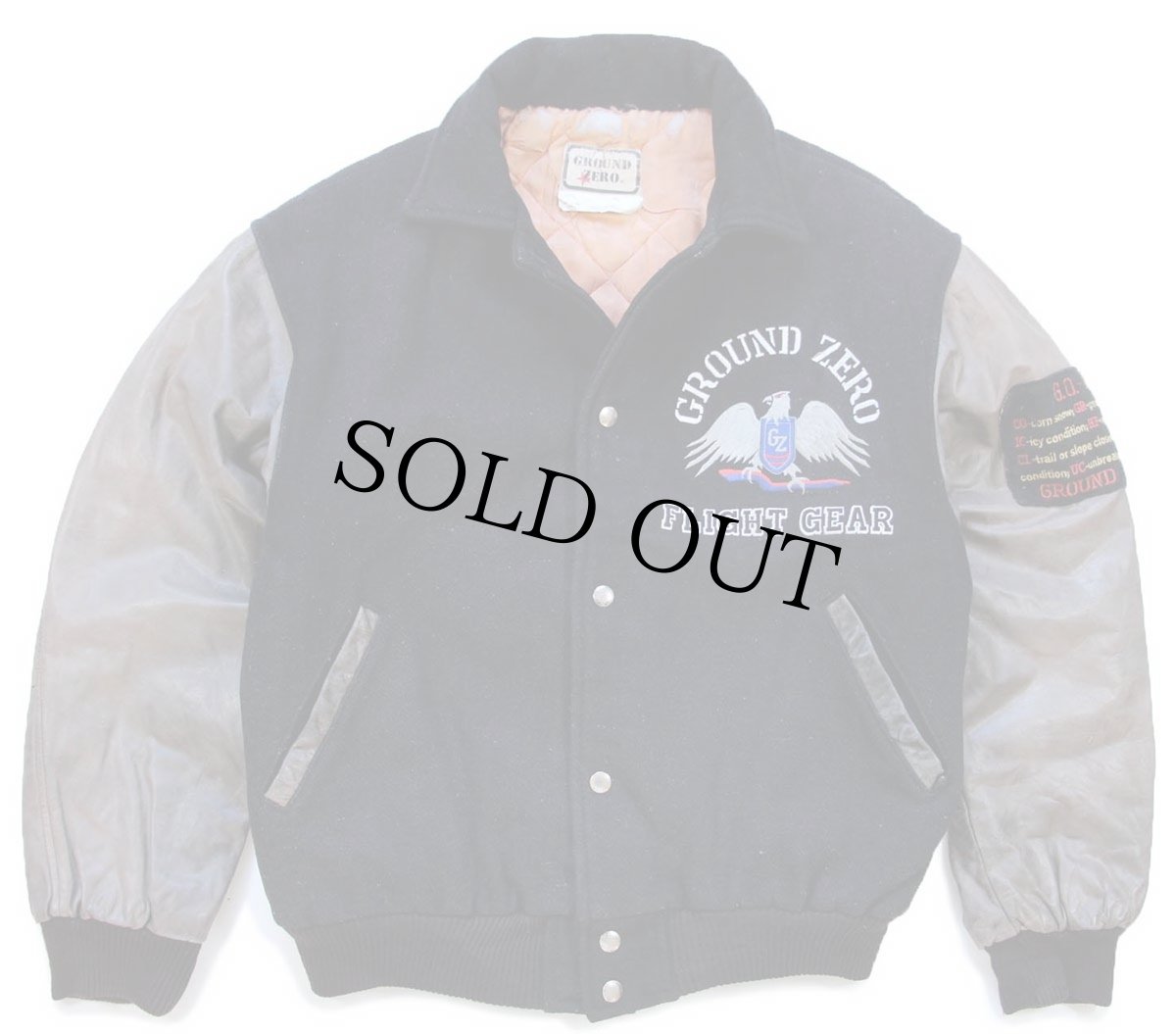画像1: 90s カナダ製 GROUND ZERO FLIGHT GEAR 刺繍 キルティングライナー メルトン ウール 袖革スタジャン S (1)