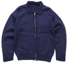 画像1: 40s UNKNOWN 無地 襟&ポケット付き フルジップ ウールニット セーター 濃紺 (1)