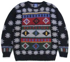 画像1: 80s Woolrichウールリッチ フォークロア柄 ネップ入り ウールニット セーター 黒 L (1)