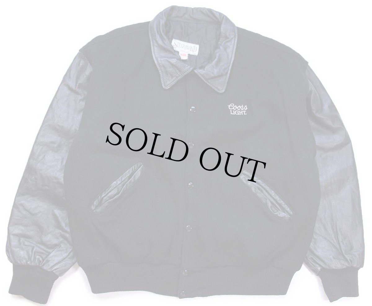 画像1: 90s USA製 Coors LIGHT ロゴ刺繍 キルティングライナー メルトン ウール 袖革スタジャン 黒 L (1)