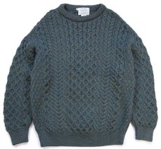 画像1: アイルランド製 Clady Knit ケーブル編み ウールニット セーター 緑 ミックス L★フィッシャーマン (1)