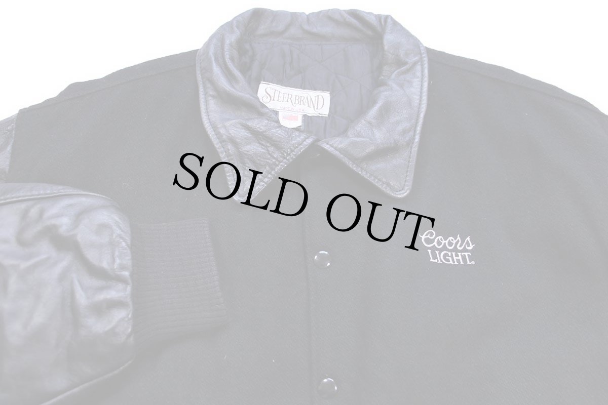 画像3: 90s USA製 Coors LIGHT ロゴ刺繍 キルティングライナー メルトン ウール 袖革スタジャン 黒 L (3)