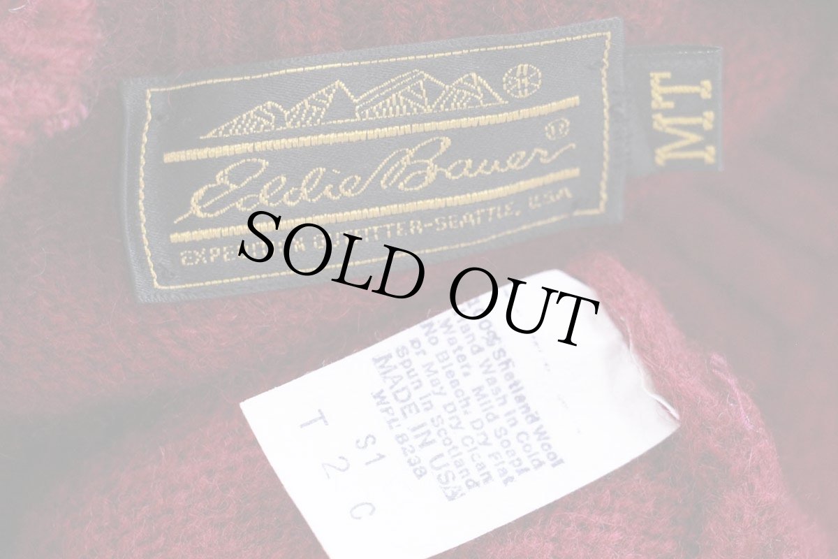 画像4: 80s USA製 EddieBauerエディーバウアー 無地 サドルショルダー シェットランド ウールニット セーター ワインレッド MT (4)