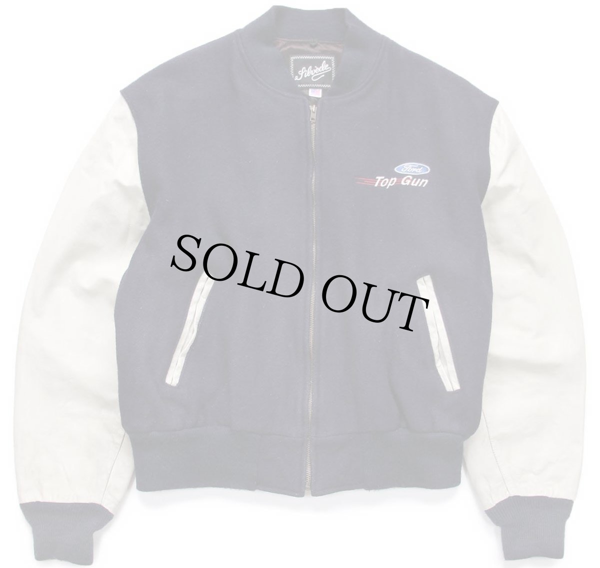 画像1: 80s USA製 Filoede Ford Top Gun フォード ロゴ刺繍 メルトン ウール 袖革スタジャン 紺×アイボリー (1)