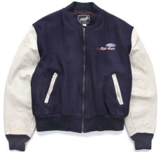 画像1: 80s USA製 Filoede Ford Top Gun フォード ロゴ刺繍 メルトン ウール 袖革スタジャン 紺×アイボリー (1)