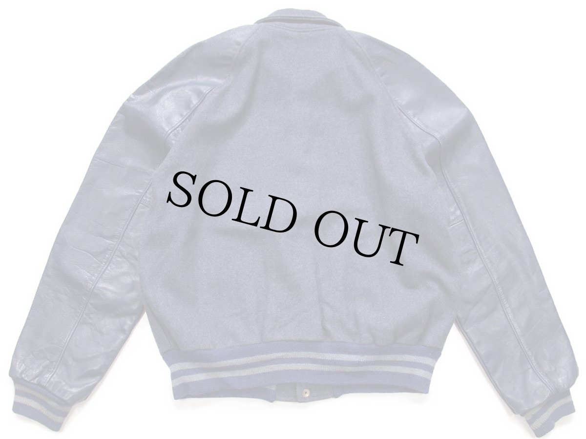 画像2: 60s HOWE レタードパッチ付き メルトン ウール 袖革スタジャン 薄紺×紺 (2)