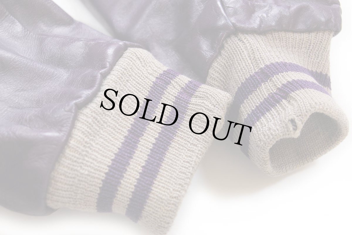 画像8: 60s UNKNOWN レタードパッチ付き メルトン ウール 袖革スタジャン グレー×紫 (8)