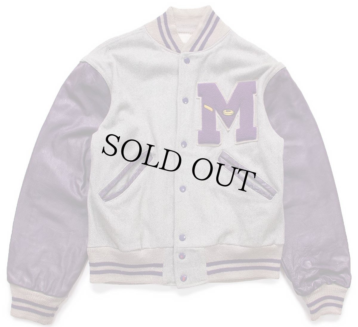 画像1: 60s UNKNOWN レタードパッチ付き メルトン ウール 袖革スタジャン グレー×紫 (1)