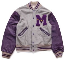 画像1: 60s UNKNOWN レタードパッチ付き メルトン ウール 袖革スタジャン グレー×紫 (1)