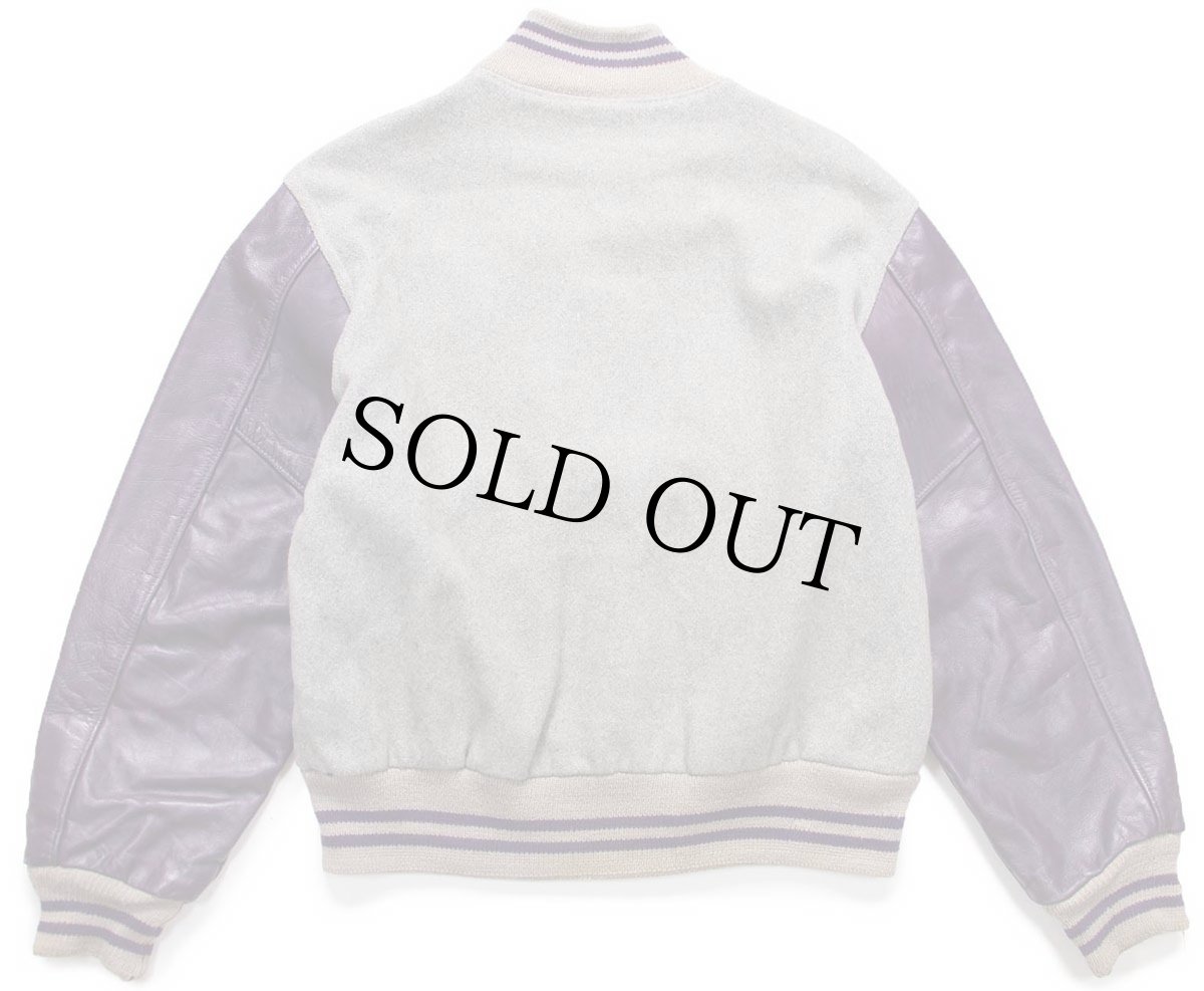 画像2: 60s UNKNOWN レタードパッチ付き メルトン ウール 袖革スタジャン グレー×紫 (2)