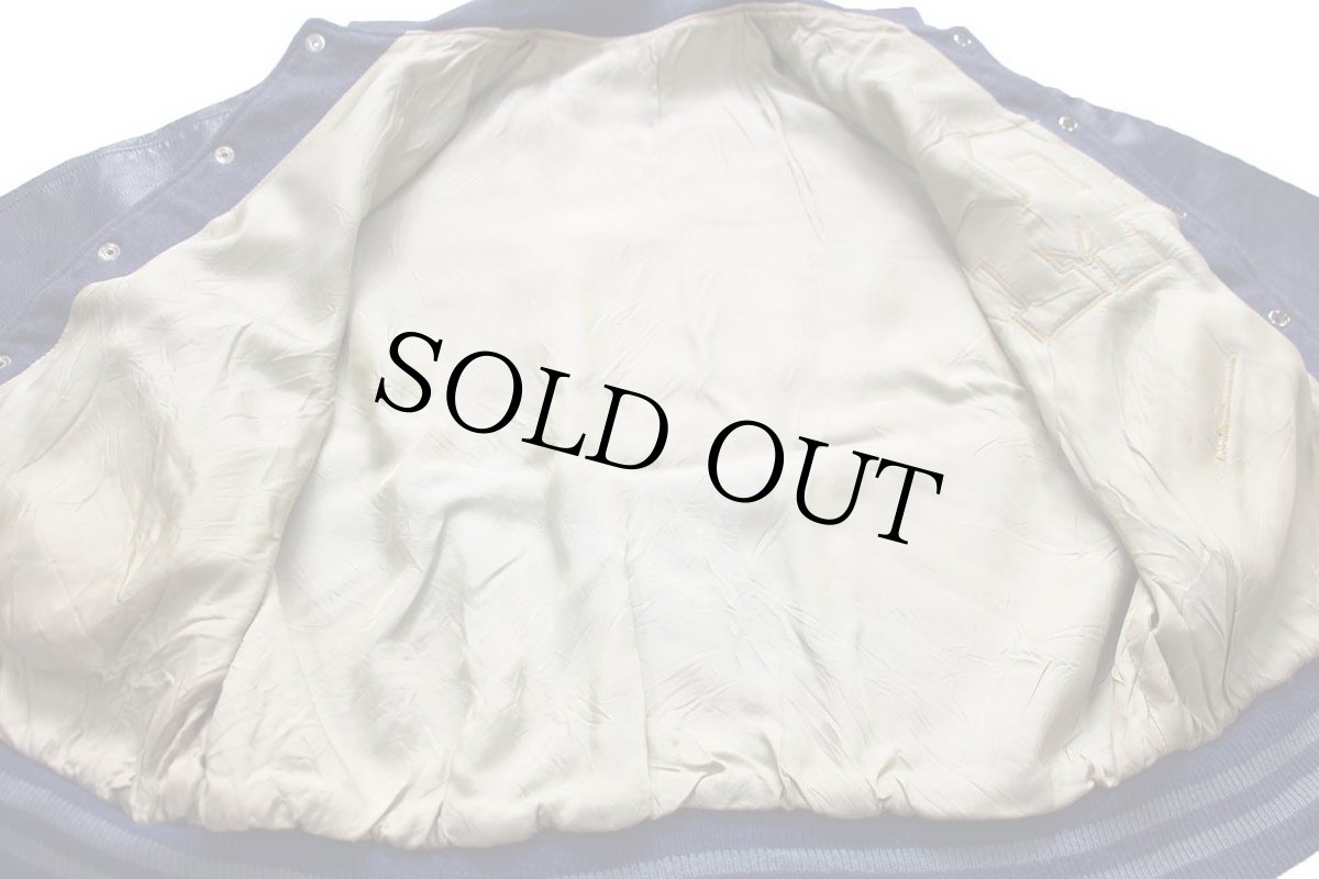 画像5: 60s HOWE レタードパッチ付き メルトン ウール 袖革スタジャン 薄紺×紺 (5)