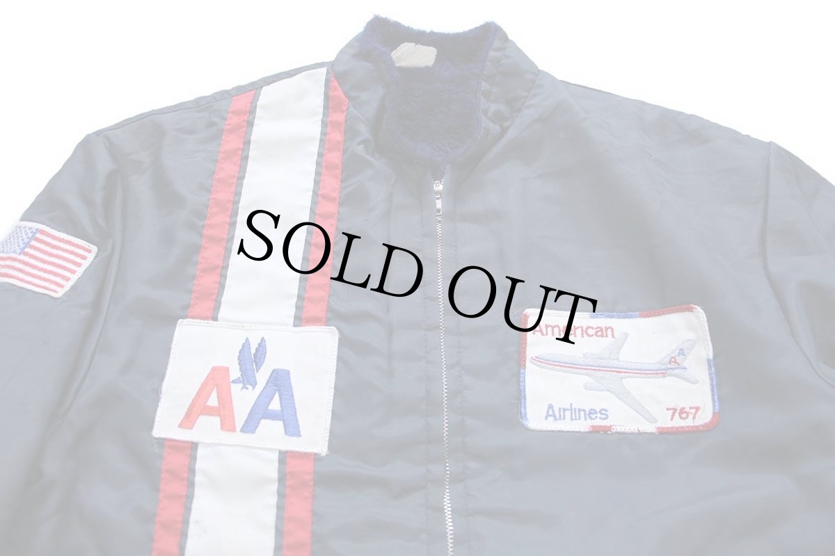 画像3: 70s American Airlines ボーイング767 飛行機 パッチ付き スタンドカラー ボアライナー ナイロンジャケット ボロ 紺 (3)