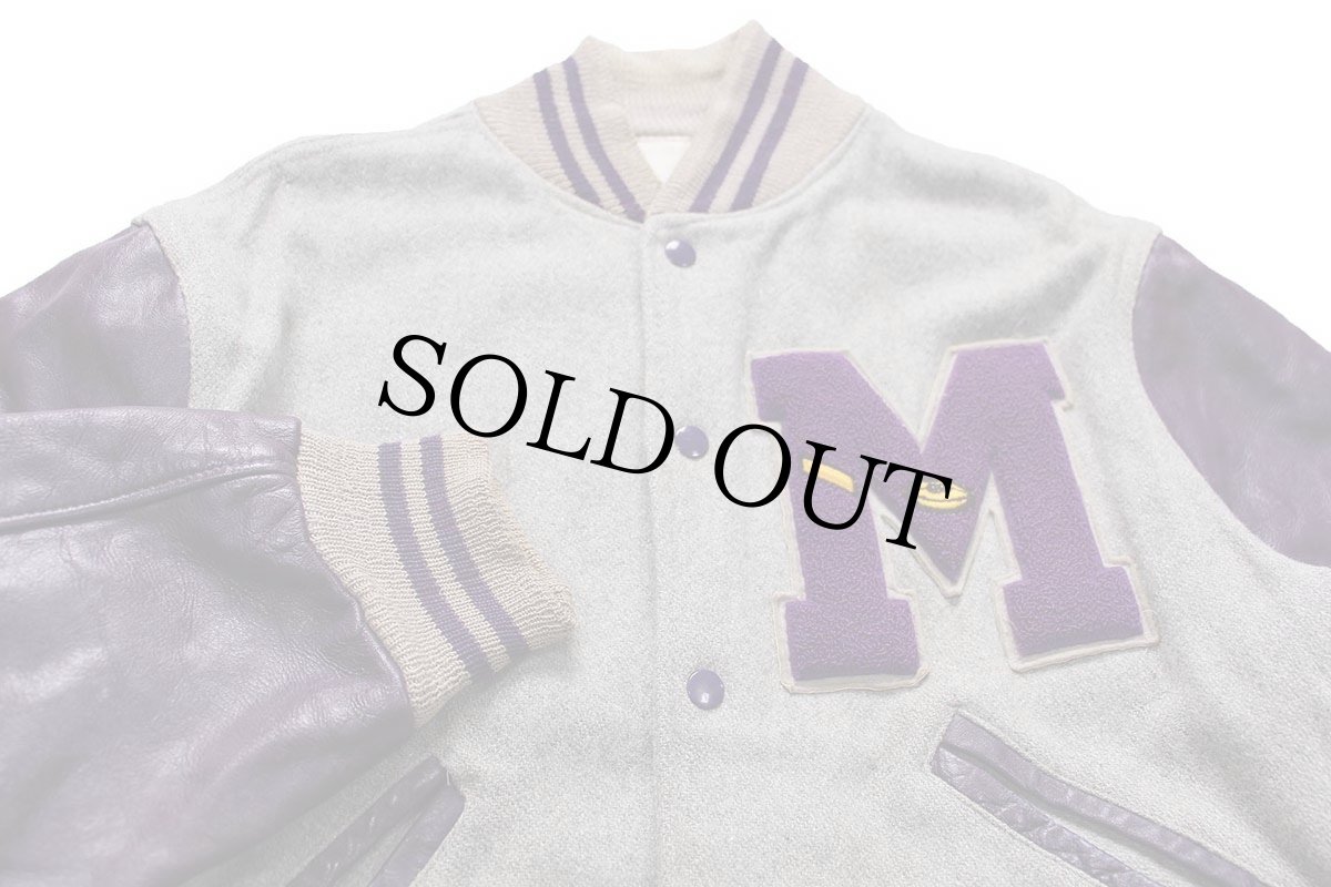 画像3: 60s UNKNOWN レタードパッチ付き メルトン ウール 袖革スタジャン グレー×紫 (3)