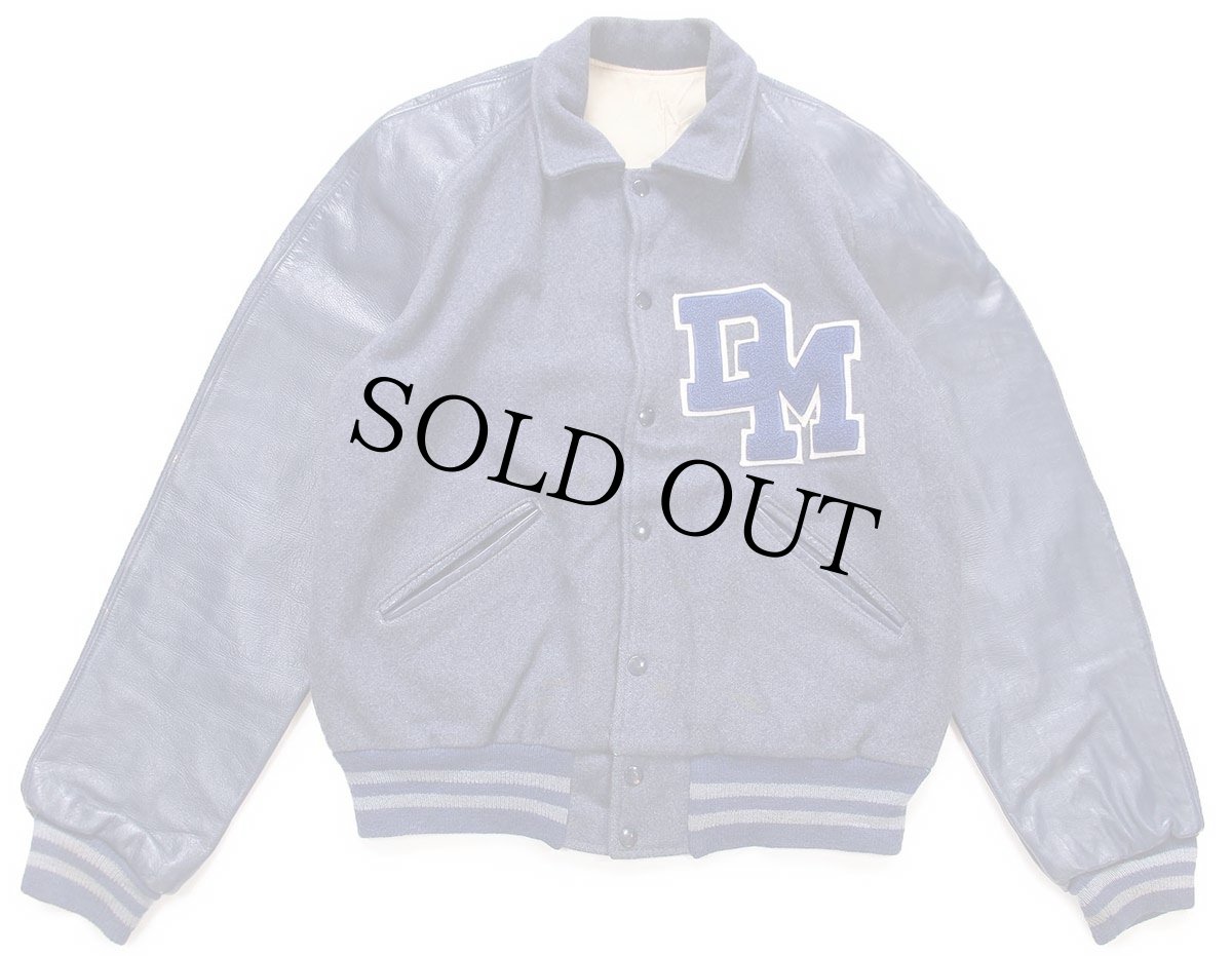 画像1: 60s HOWE レタードパッチ付き メルトン ウール 袖革スタジャン 薄紺×紺 (1)