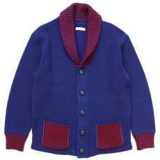 画像1: 70s UNKNOWN ショールカラー パチポケ 無地×ストライプ 切り替え アクリルニット カーディガン 紺×バーガンディ (1)