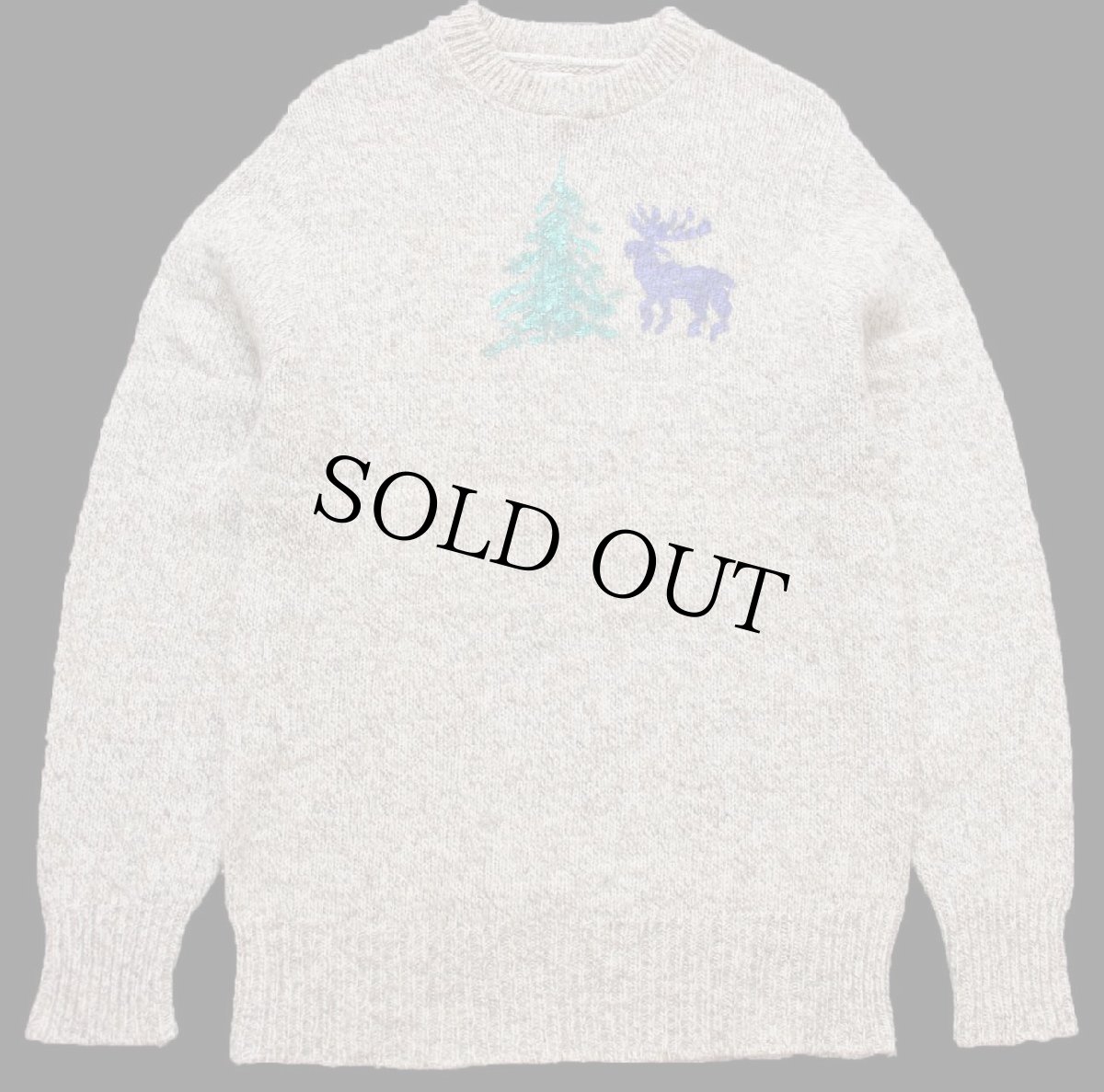 画像1: 80s USA製 L.L.Bean ツリー ムース ハンドペイント アート ウールニット セーター グレーブラウン×ナチュラル ミックス XL (1)