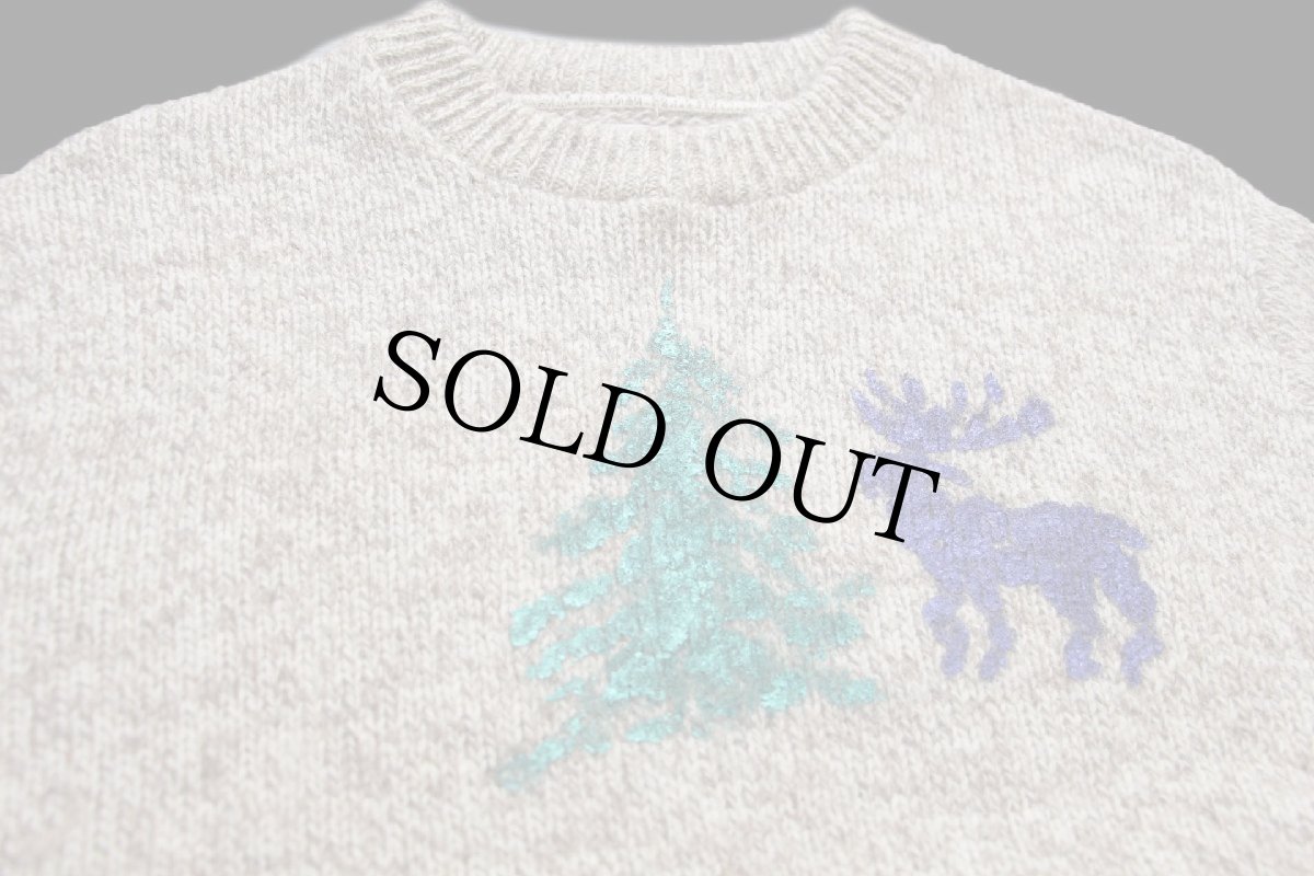 画像3: 80s USA製 L.L.Bean ツリー ムース ハンドペイント アート ウールニット セーター グレーブラウン×ナチュラル ミックス XL (3)