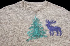 画像3: 80s USA製 L.L.Bean ツリー ムース ハンドペイント アート ウールニット セーター グレーブラウン×ナチュラル ミックス XL (3)