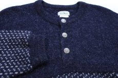画像3: 90s ノルウェー製 L.L.Bean ノルウェージャン バーズアイ切り替え ヘンリーネック ウールニット セーター 紺×グレー L (3)