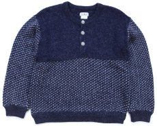 画像1: 90s ノルウェー製 L.L.Bean ノルウェージャン バーズアイ切り替え ヘンリーネック ウールニット セーター 紺×グレー L (1)