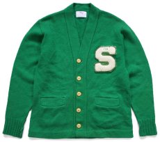 画像1: 70s TENNESSEE AMERICAN INC パッチ付き アクリルニット レタードカーディガン 緑 (1)