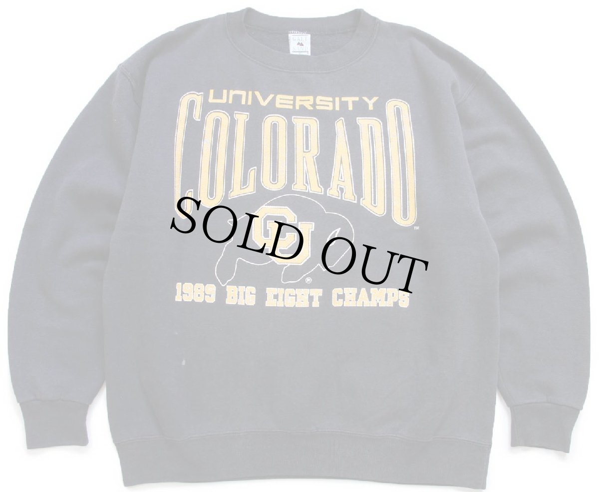 画像1: 80s USA製 UNIVERSITY COLORADO 1989 BIG FIGHT CHAMPS ひび割れプリント スウェット 黒 フェード XL (1)