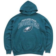画像1: 90s USA製 Leeリー NFL PHILADELPHIA EAGLES ひび割れプリント スウェットパーカー 青緑 L★フーディー (1)