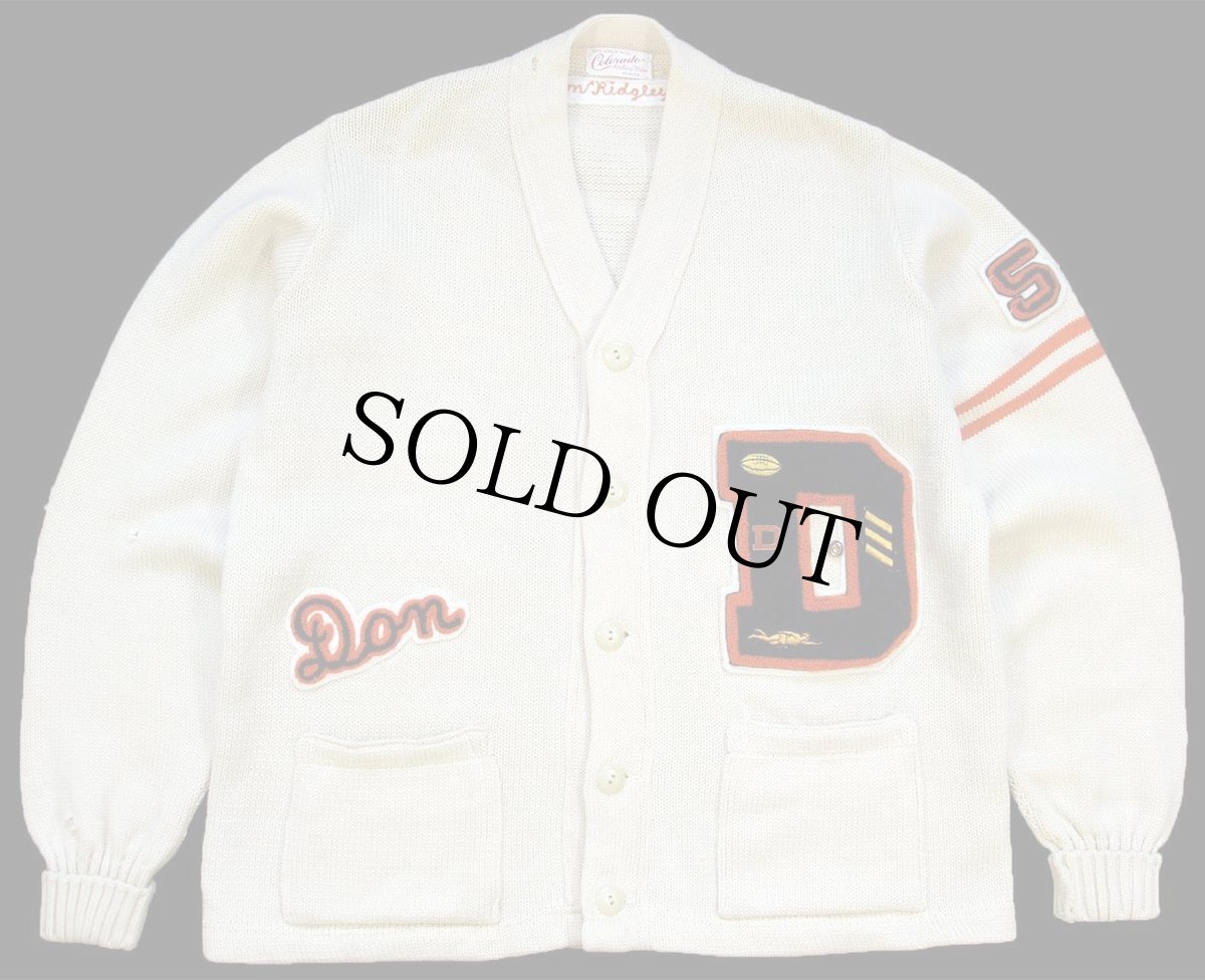 画像1: 50s Colorado Don パッチ&ピンズ付き パチポケ ウールニット レタードカーディガン ボロ アイボリー (1)