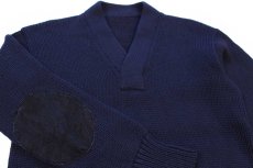 画像3: 40s UNKNOWN Vネック エルボーパッチ付き ローゲージ ウールニット レタードセーター 濃紺 (3)