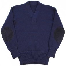 画像1: 40s UNKNOWN Vネック エルボーパッチ付き ローゲージ ウールニット レタードセーター 濃紺 (1)