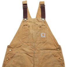 画像1: 90s USA製 carharttカーハート キルティングライナー ダブルニー ダック地 オーバーオール 茶 W38 L32 (1)