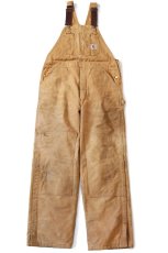 画像2: 90s USA製 carharttカーハート キルティングライナー ダブルニー ダック地 オーバーオール 茶 W38 L32 (2)
