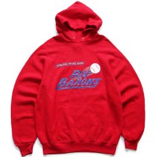 画像1: 90s USA製 Leeリー RED BARONS ベースボール ひび割れプリント スウェットパーカー 濃赤 XL★フーディー (1)