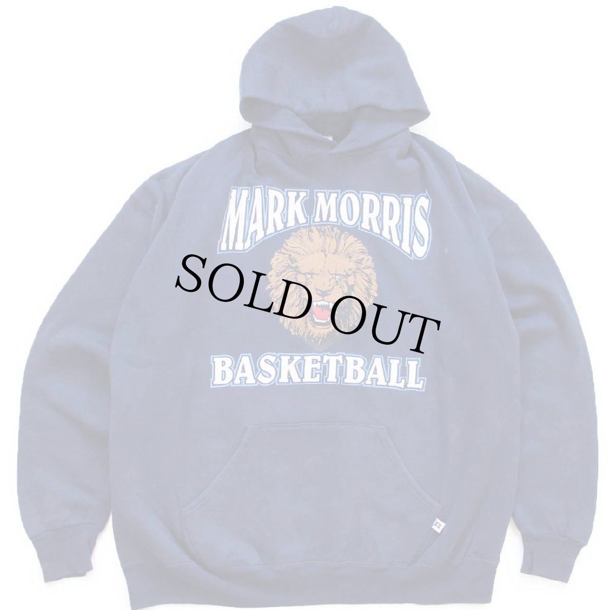 画像1: 90s メキシコ製 RUSSELLラッセル MARK MORRIS BASKETBALL ライオン ひび割れプリント スウェットパーカー 紺 XXL★特大 フーディー (1)