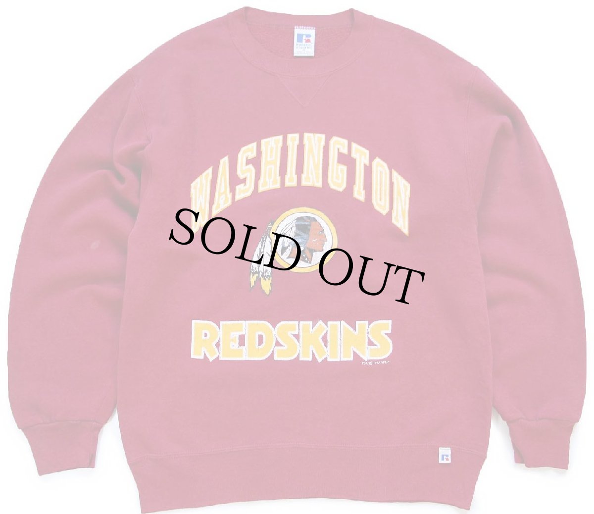 画像1: 90s USA製 RUSSELLラッセル NFL WASHINGTON REDSKINS インディアンヘッド ひび割れプリント 前V スウェット バーガンディ M (1)