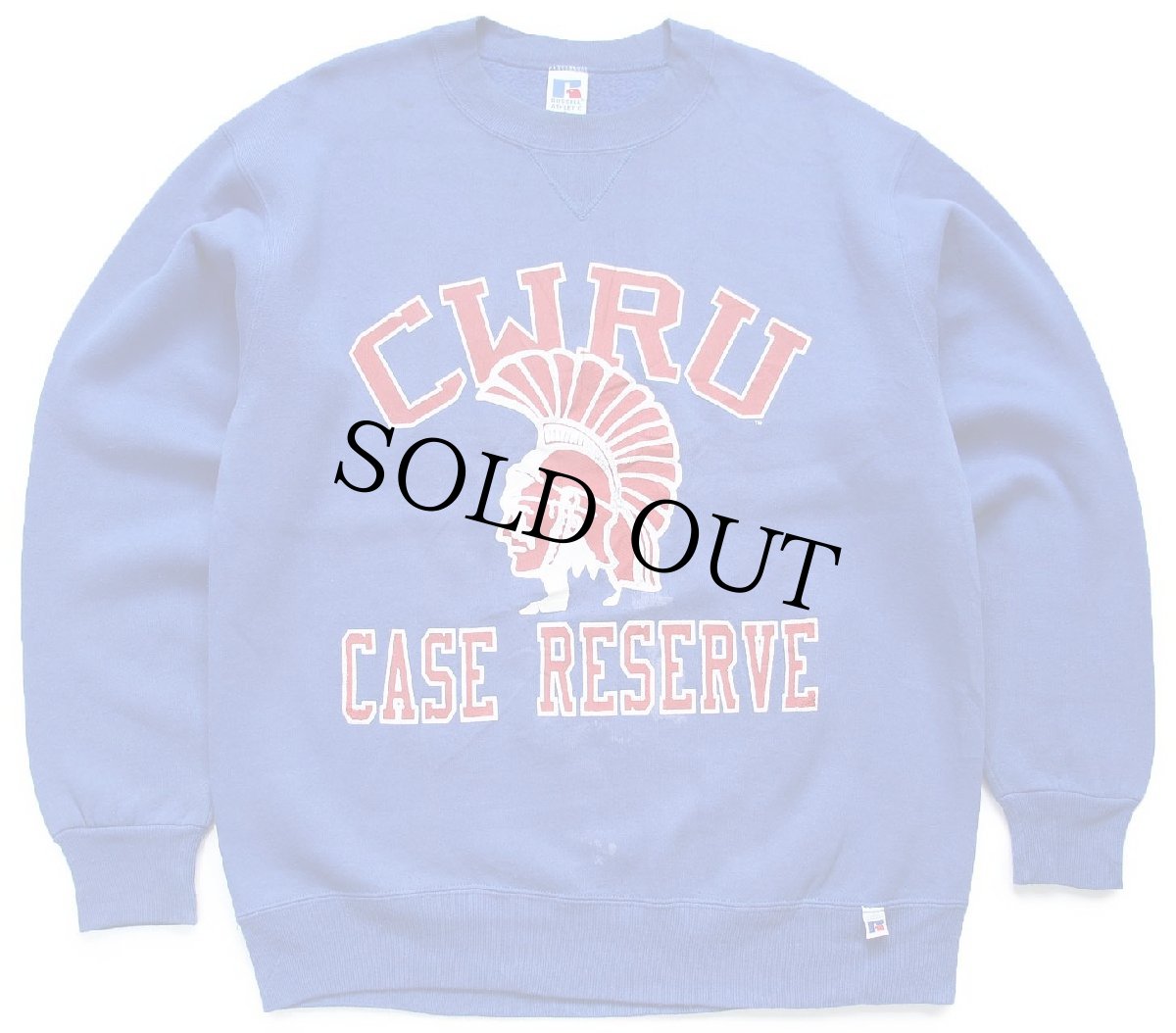 画像1: 90s USA製 RUSSELLラッセル CWRU CASE RESERVE ナイト ひび割れプリント 前V スウェット 青 L (1)