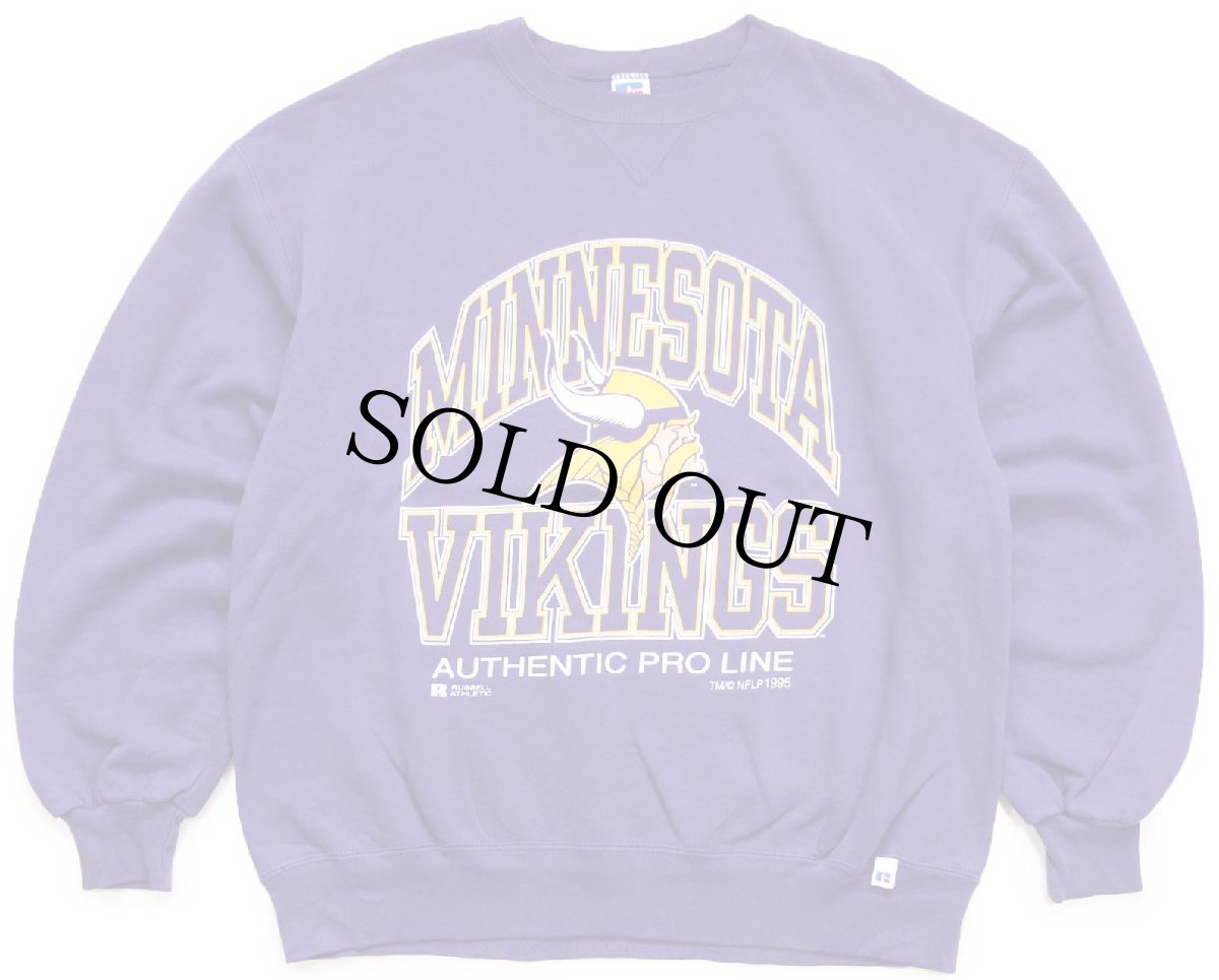 画像1: 90s USA製 RUSSELLラッセル NFL MINNESOTA VIKINGS 前V スウェット 紫 L (1)